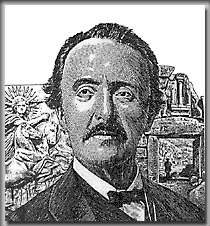 Heinrich Schliemann vor der Heliosmetope (Athenatempel, Troja) und dem Löwentor (Mykene). (Kupferstich 1987 aus dem Ausstellungskatalog "Troia - Traum und Wirklichkeit")